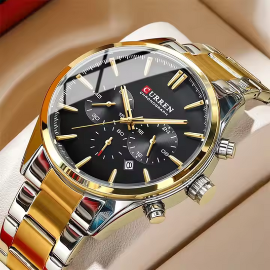 Montre CURREN Chronographe de Luxe – Bracelet Bicolore Or et Argent, Cadran Noir Éclatant